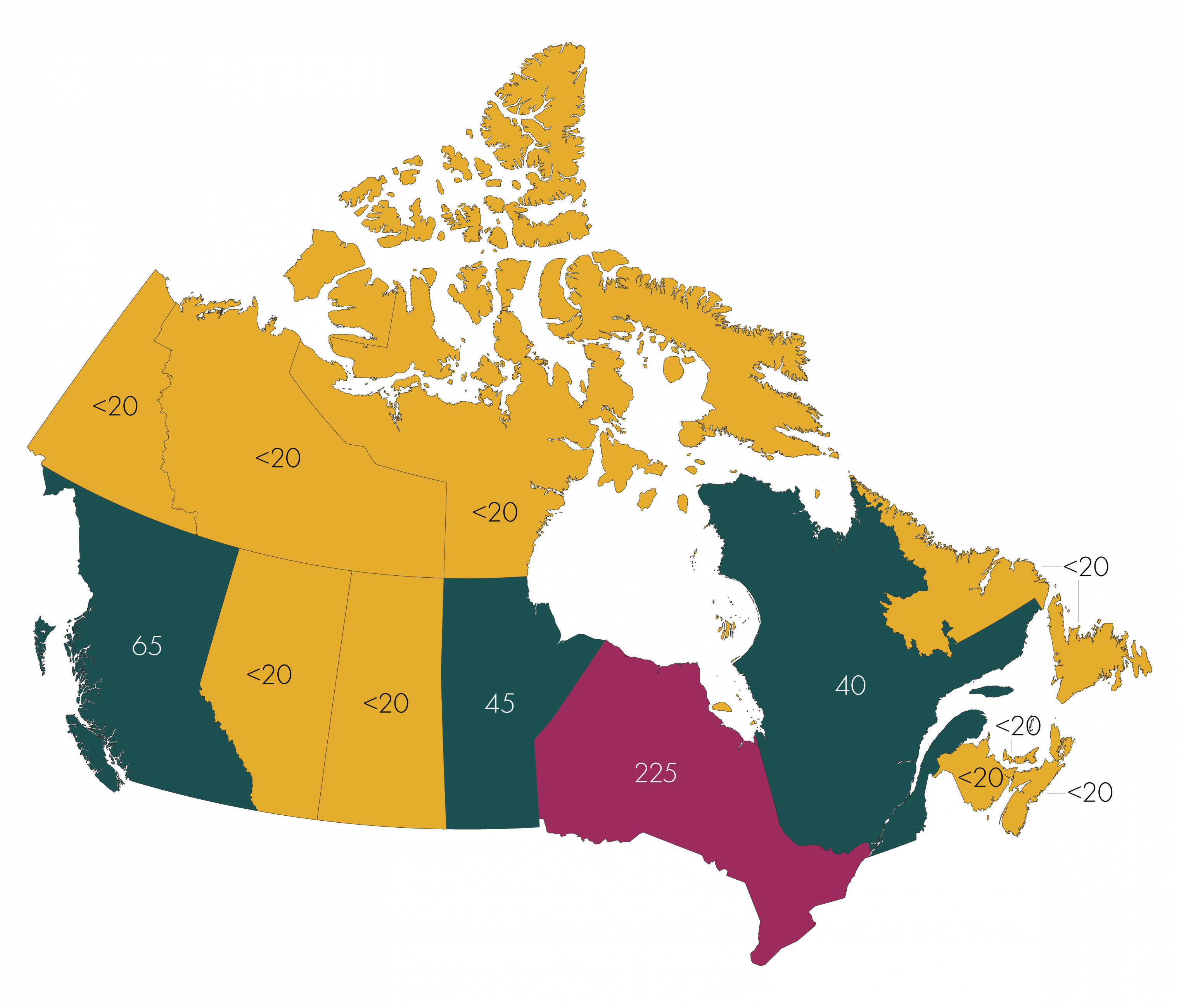 Map of Canada with numbers displayed over province and territories